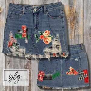 PacSun Denim Mini Jean Skirt Patchwork Boho Red Flower Black Plaid  26